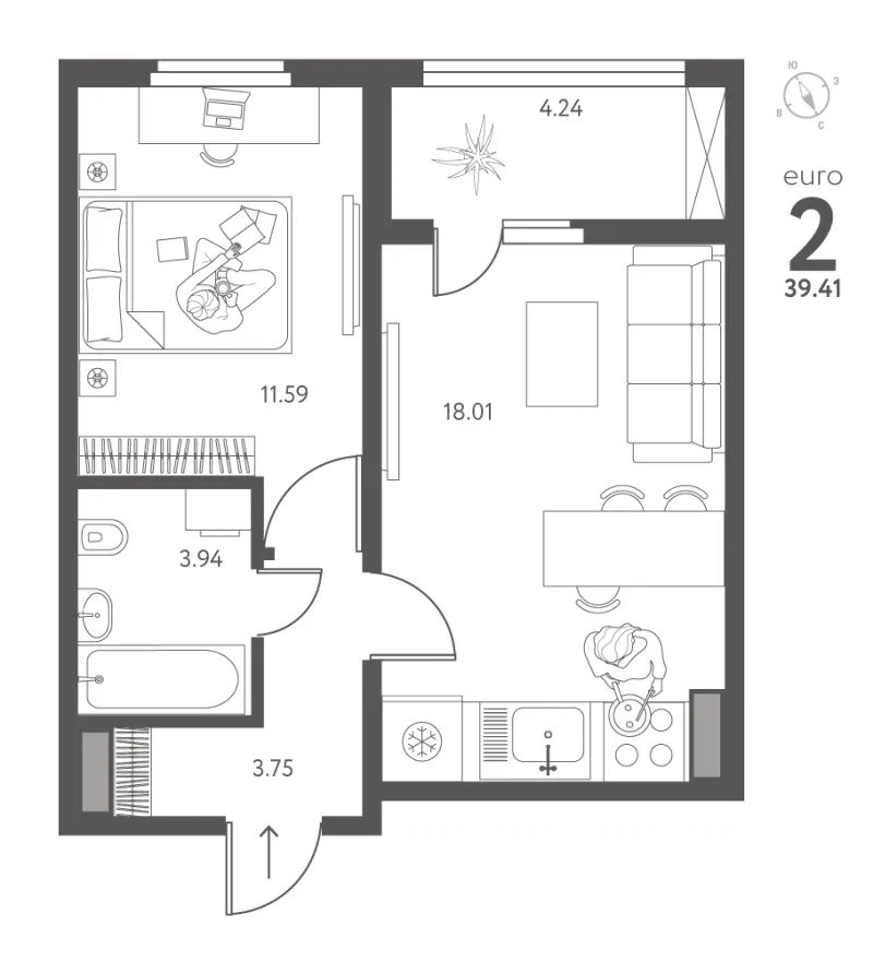 1-комн. 39.4 м²