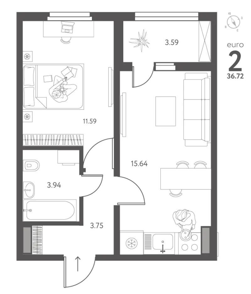 1-комн. 36.7 м²