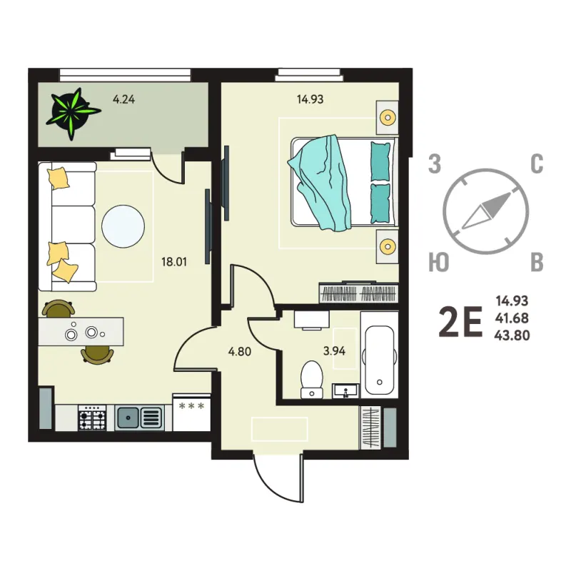 1-комн. 43.8 м²