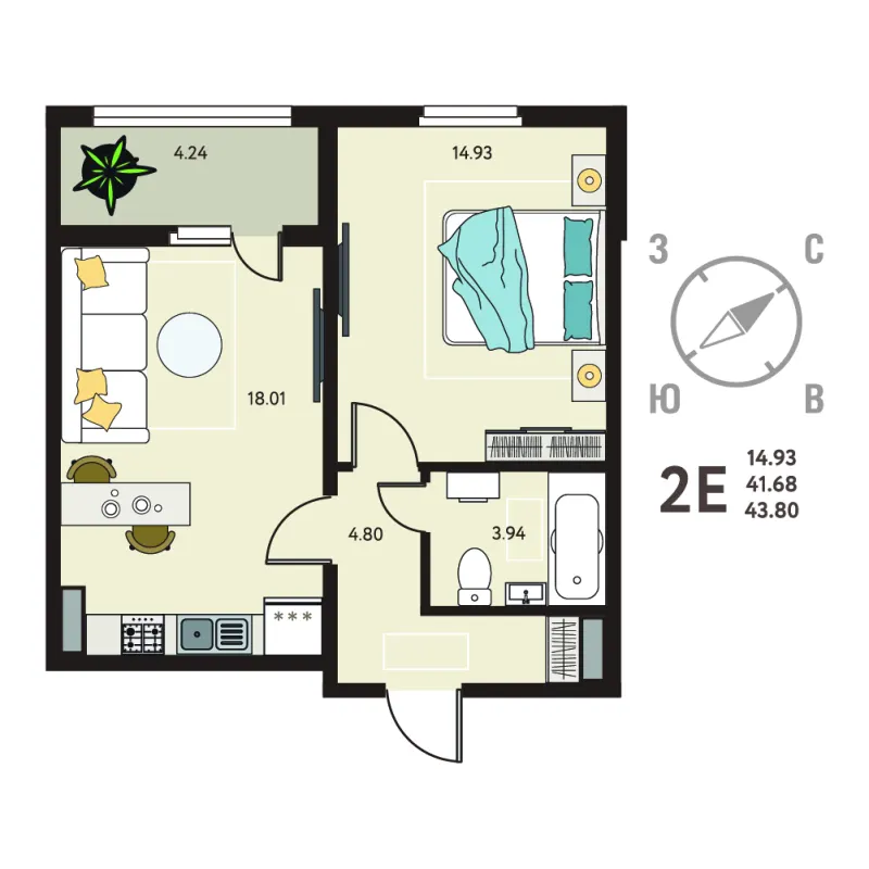 1-комн. 43.8 м²