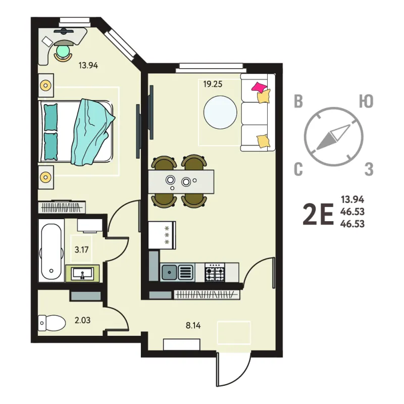 1-комн. 46.5 м²