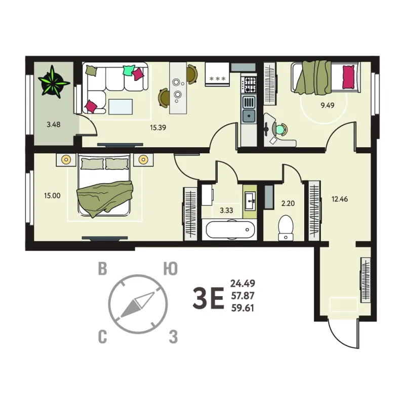 2-комн. 59.6 м²
