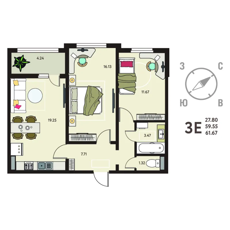 2-комн. 61.7 м²