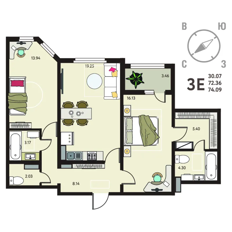 2-комн. 74.1 м²
