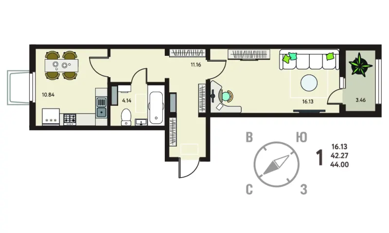 1-комн. 44 м²