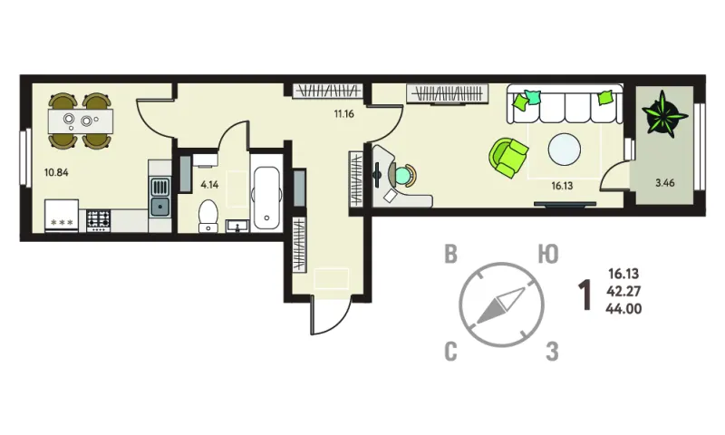1-комн. 44 м²