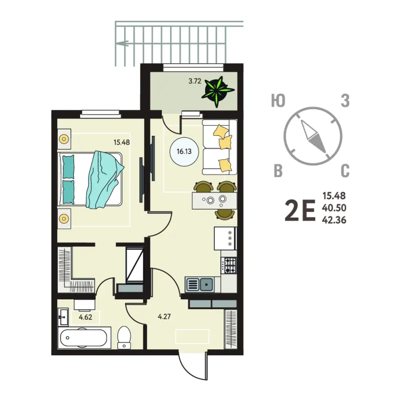 1-комн. 42.4 м²