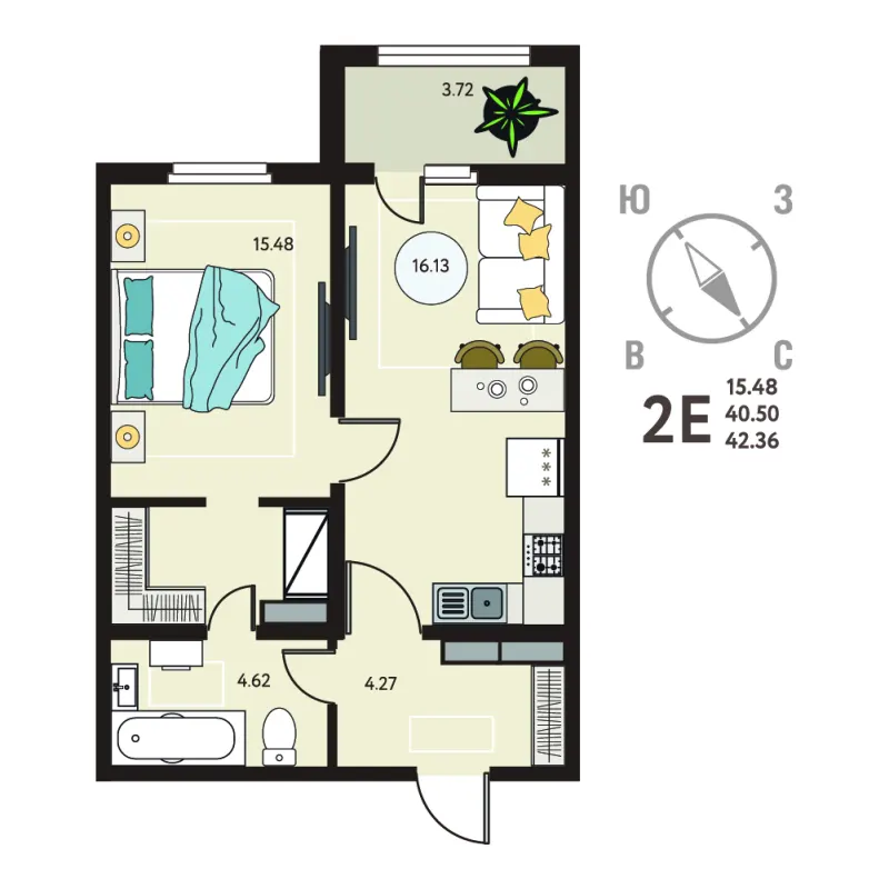 1-комн. 42.4 м²