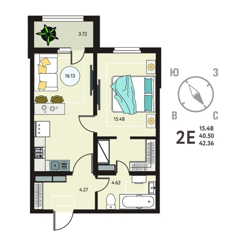 1-комн. 42.4 м²