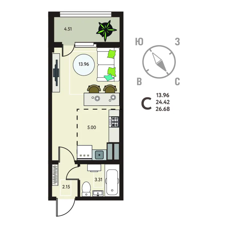 Студия 26.7 м²