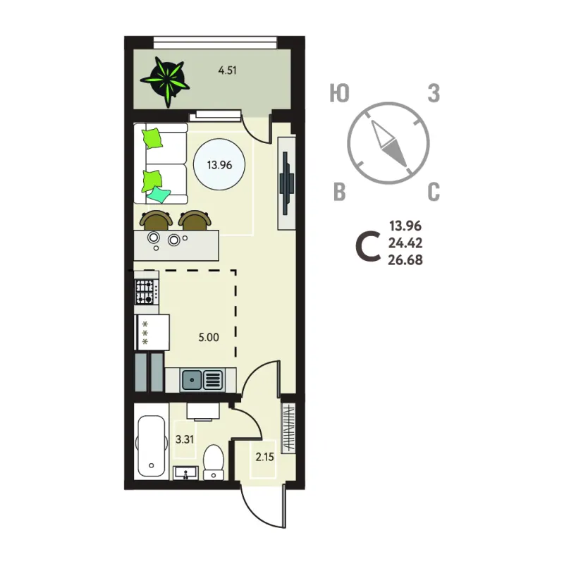 Студия 26.7 м²