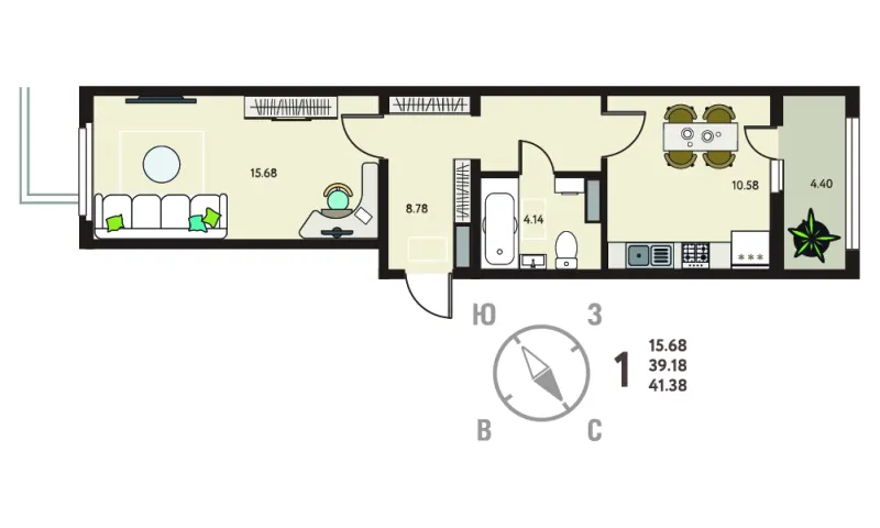 1-комн. 41.4 м²