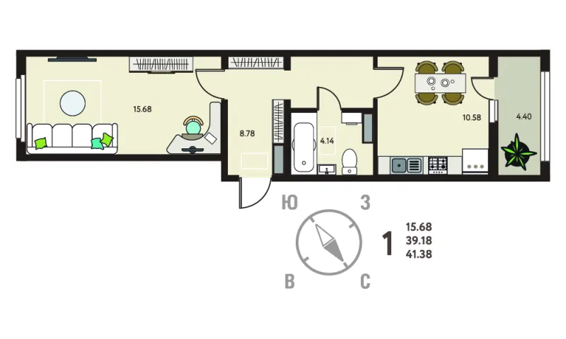 1-комн. 41.4 м²