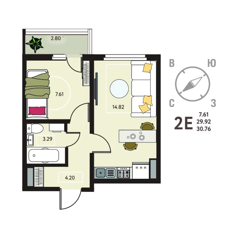 1-комн. 30.8 м²