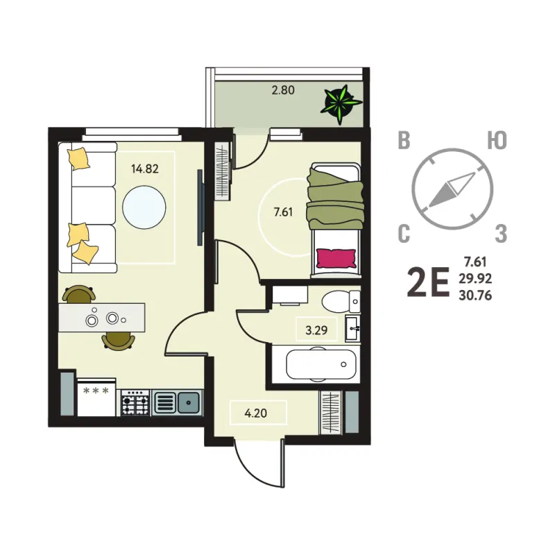 1-комн. 30.8 м²