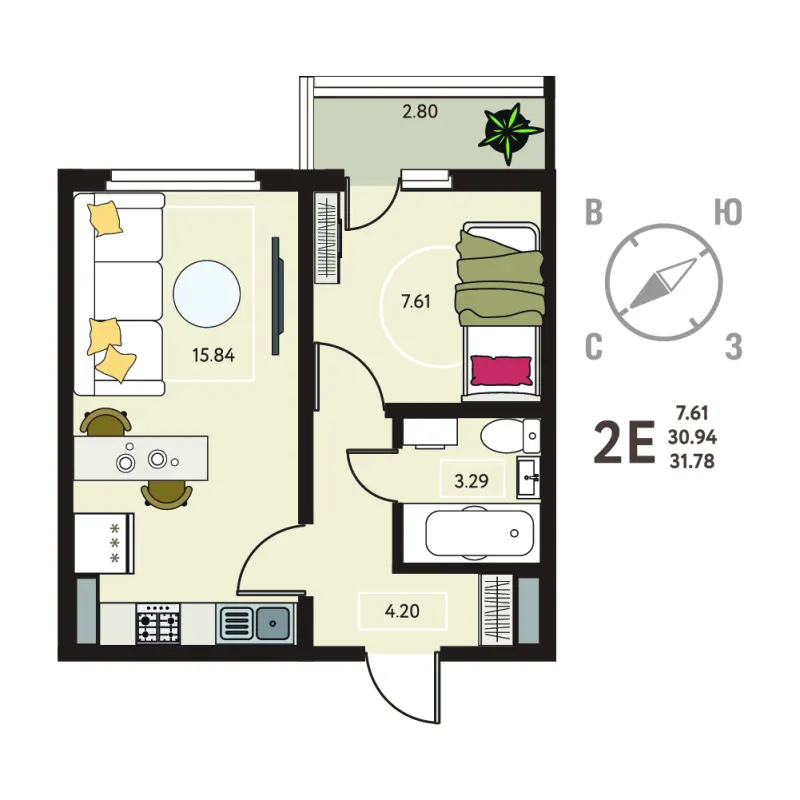1-комн. 31.8 м²
