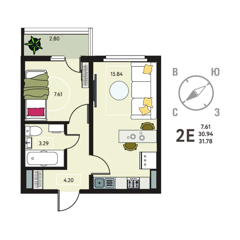 1-комн. 31.8 м²