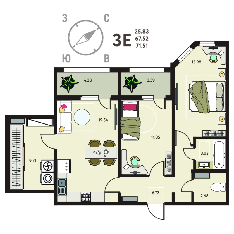 2-комн. 71.5 м²