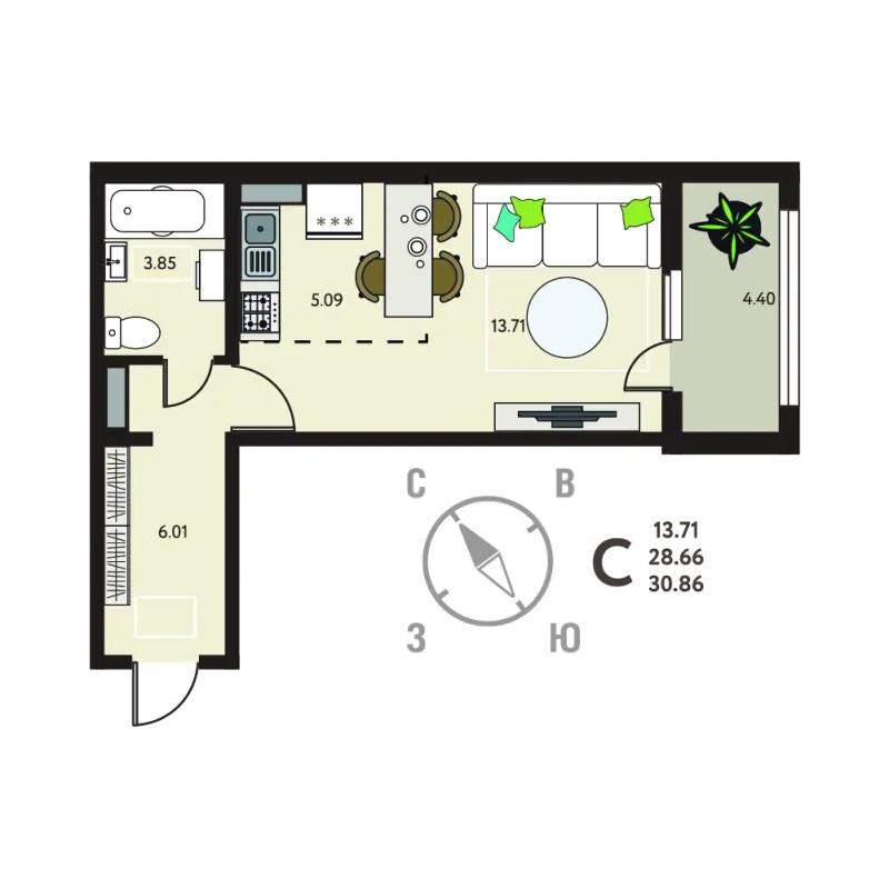 Студия 30.9 м²
