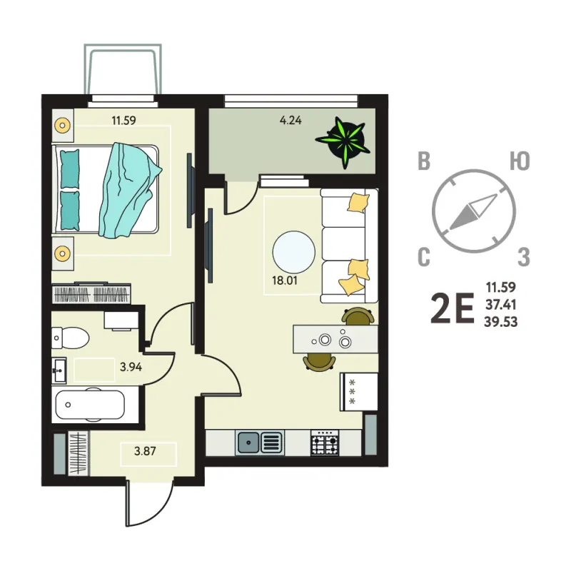 1-комн. 39.5 м²