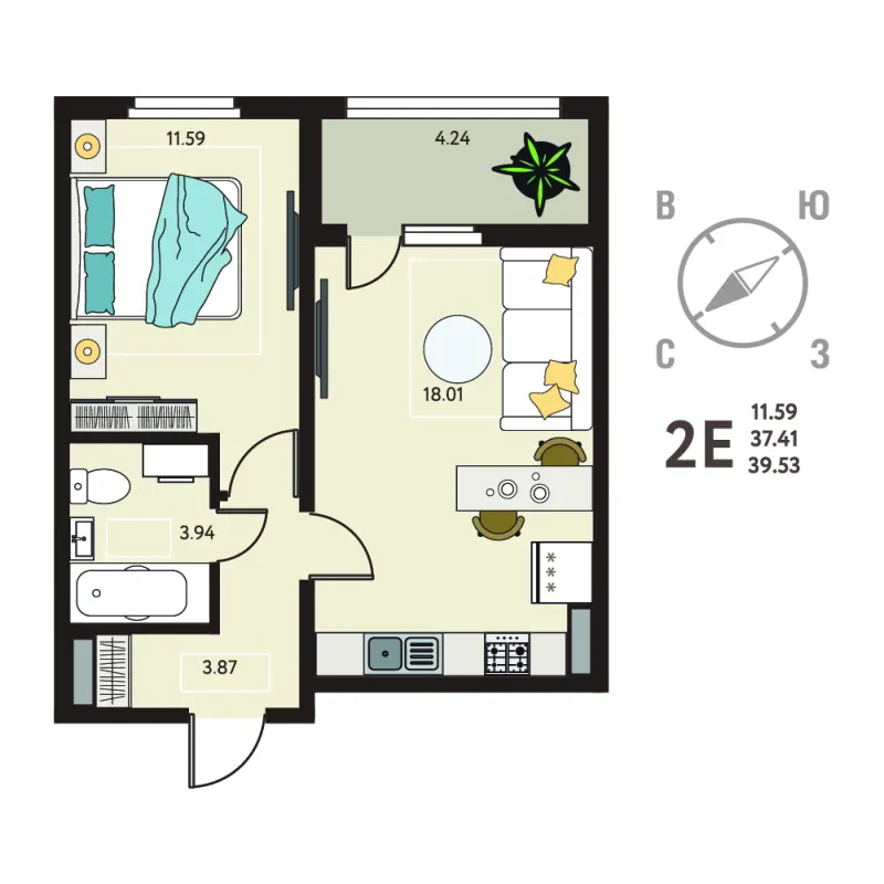 1-комн. 39.5 м²