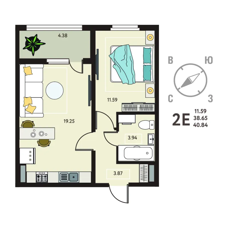 1-комн. 40.8 м²