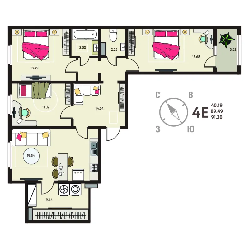 3-комн. 91.3 м²