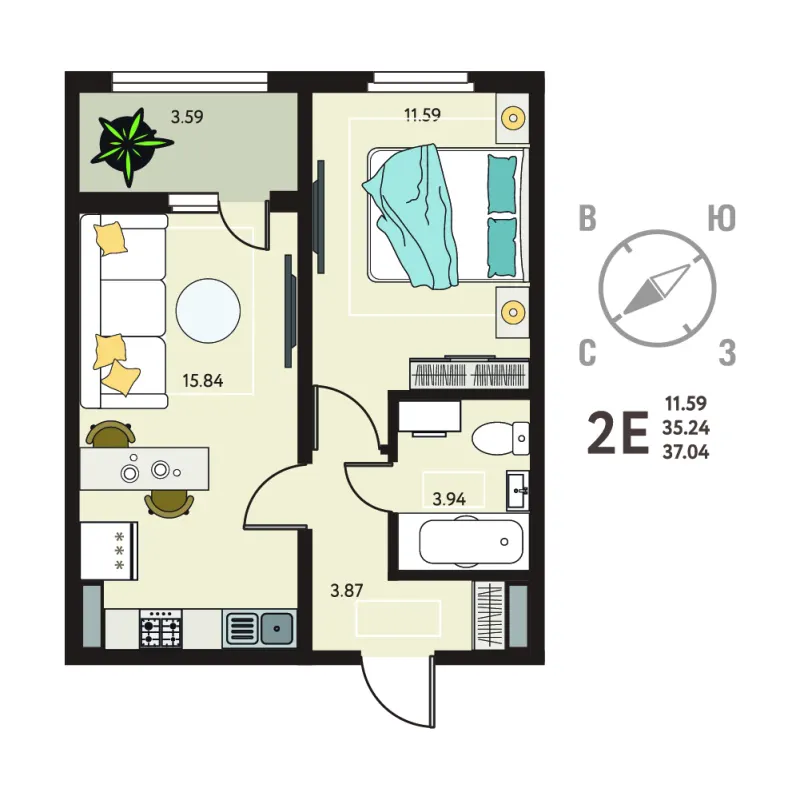 1-комн. 37 м²