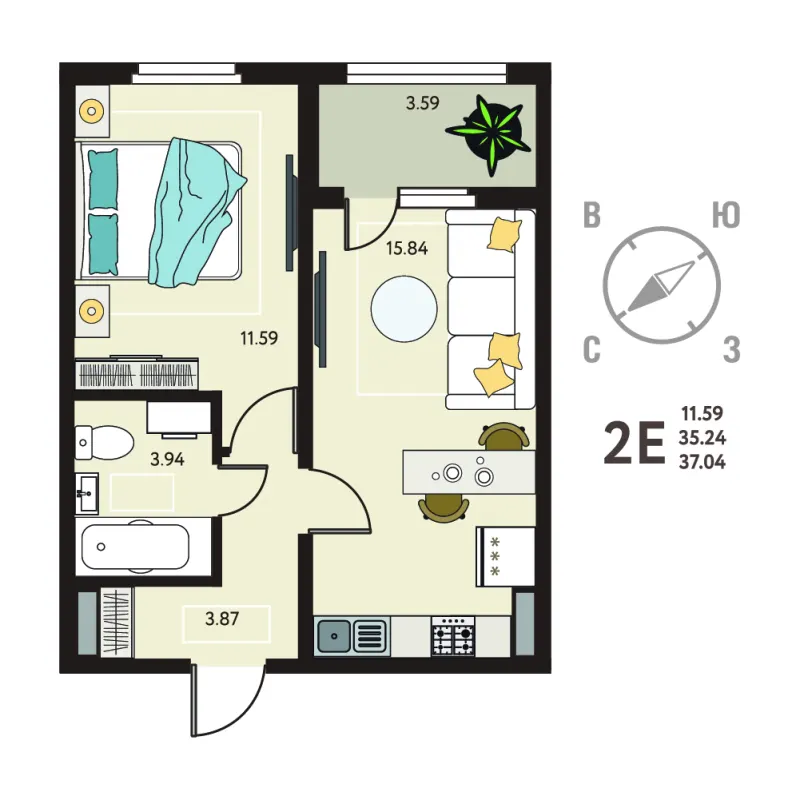1-комн. 37 м²
