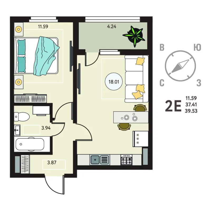 1-комн. 39.5 м²