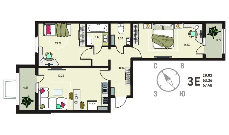 2-комн. 67.5 м²