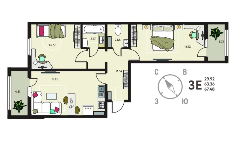 2-комн. 67.5 м²