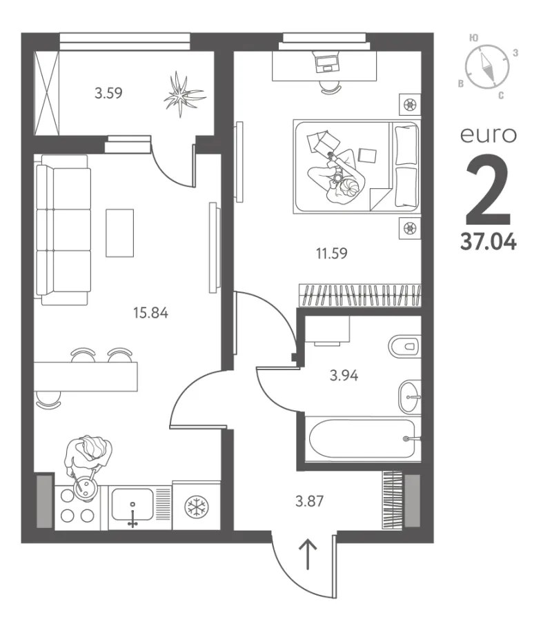 1-комн. 37 м²
