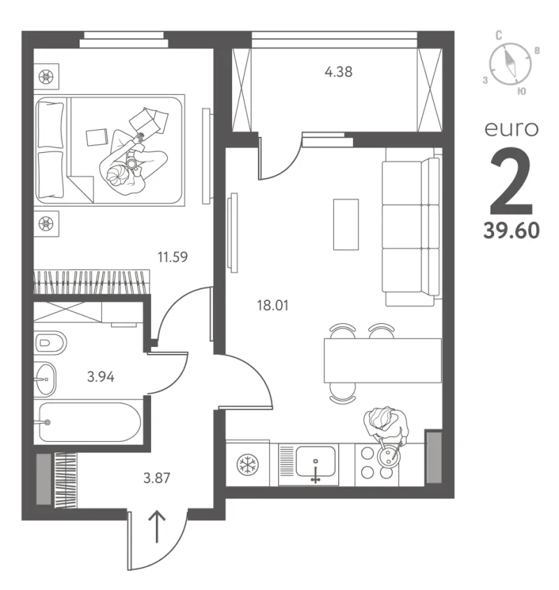 1-комн. 39.6 м²