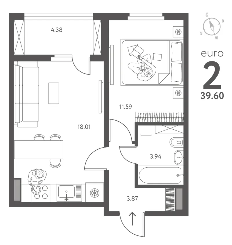 1-комн. 39.6 м²