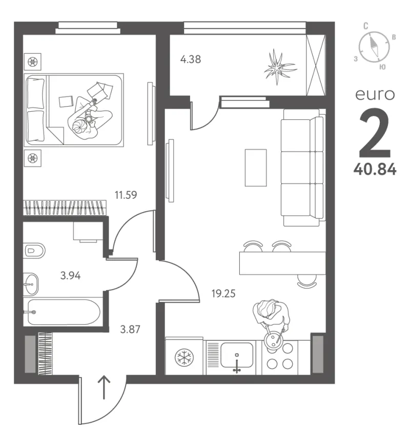 1-комн. 40.8 м²