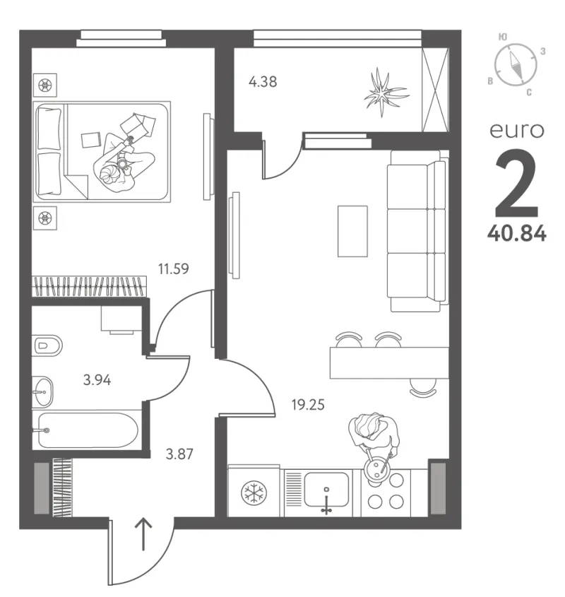 1-комн. 40.8 м²