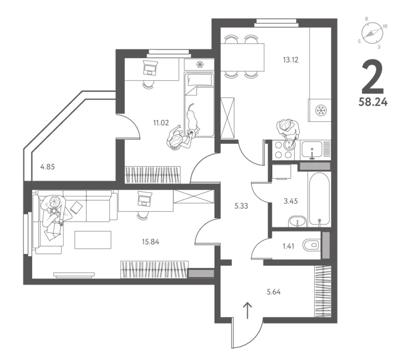 2-комн. 58.2 м²