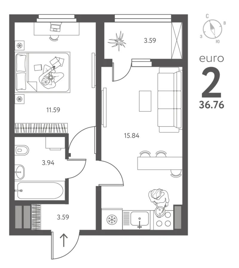 1-комн. 36.8 м²