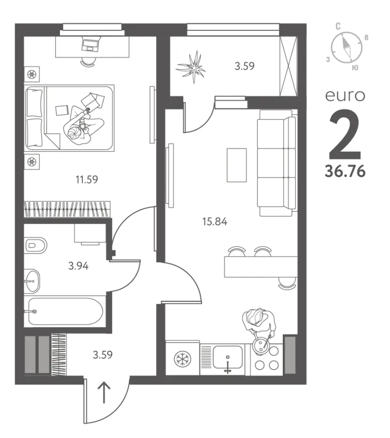 1-комн. 36.8 м²