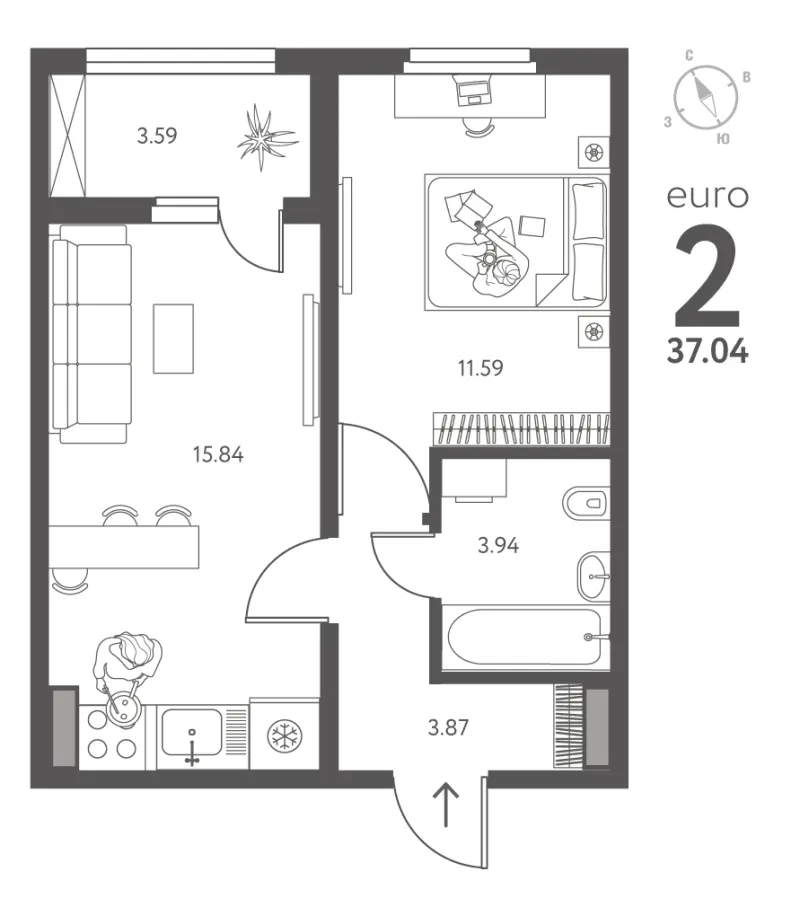 1-комн. 37 м²