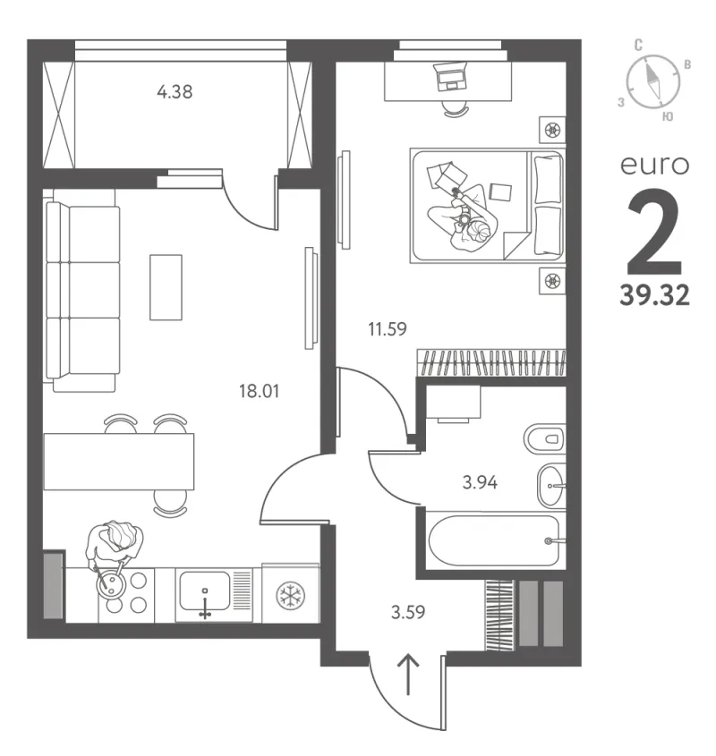 1-комн. 39.3 м²