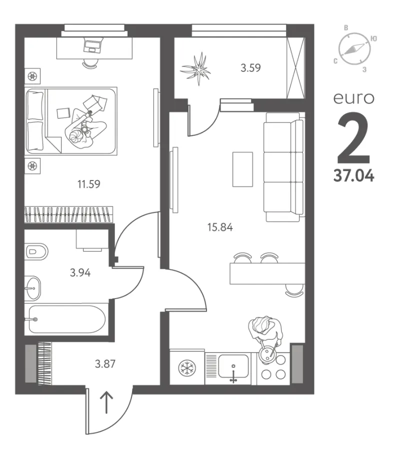 1-комн. 37 м²