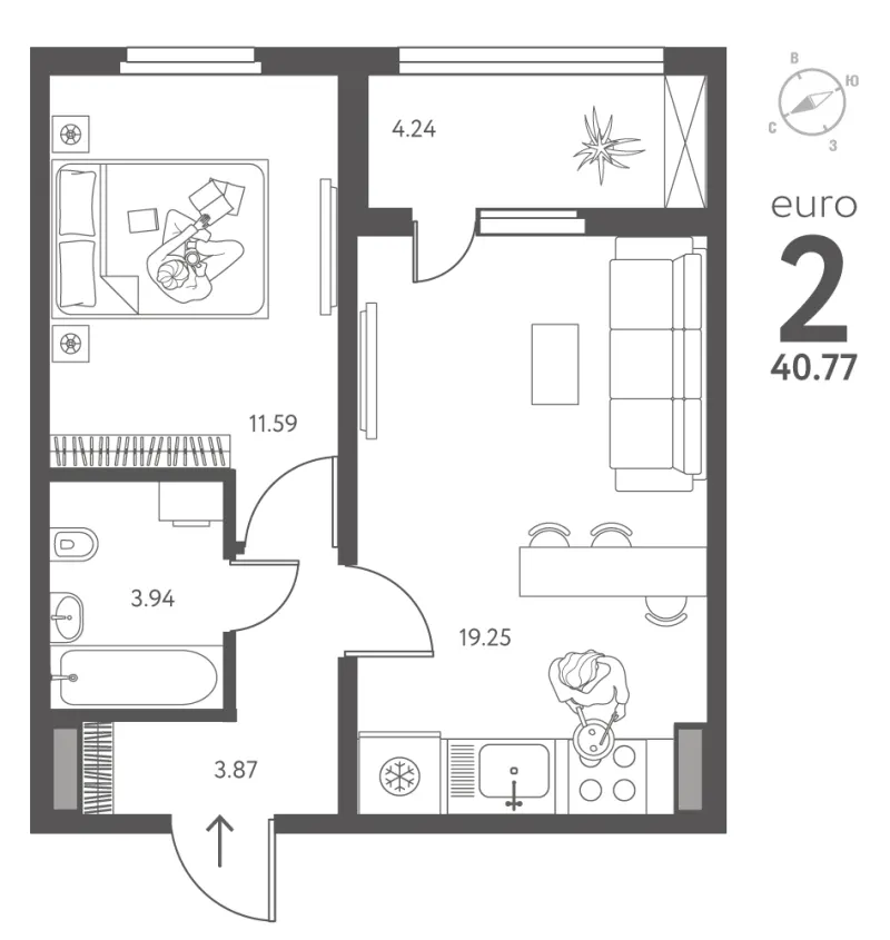 1-комн. 40.8 м²