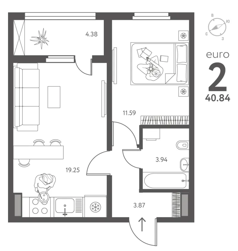 1-комн. 40.8 м²