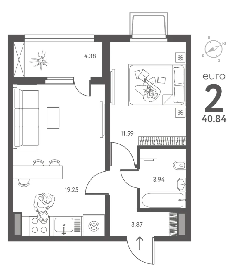 1-комн. 40.8 м²