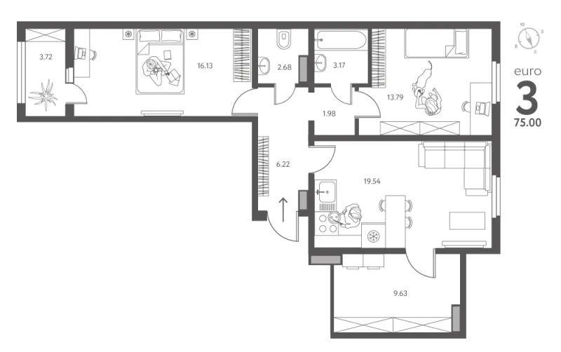 2-комн. 75 м²