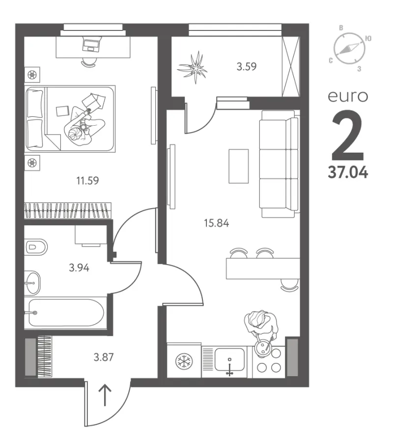 1-комн. 37 м²
