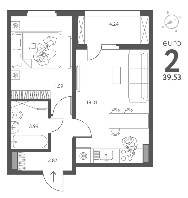 1-комн. 39.5 м²