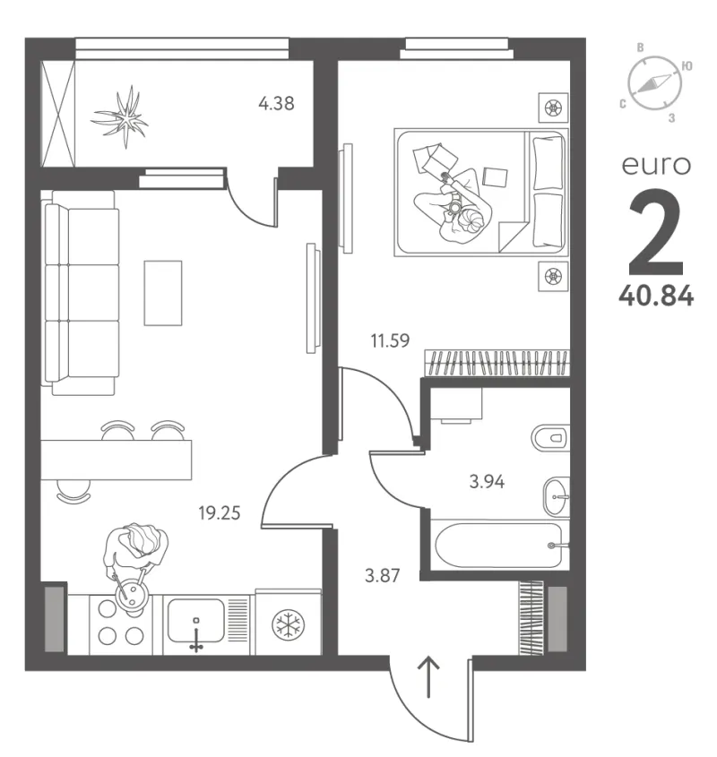 1-комн. 40.8 м²